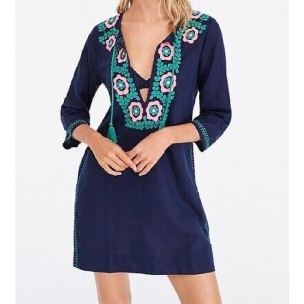 J Crew Embroidered Blue Mini Dress Linen Cotton Boho Tassels Floral M
